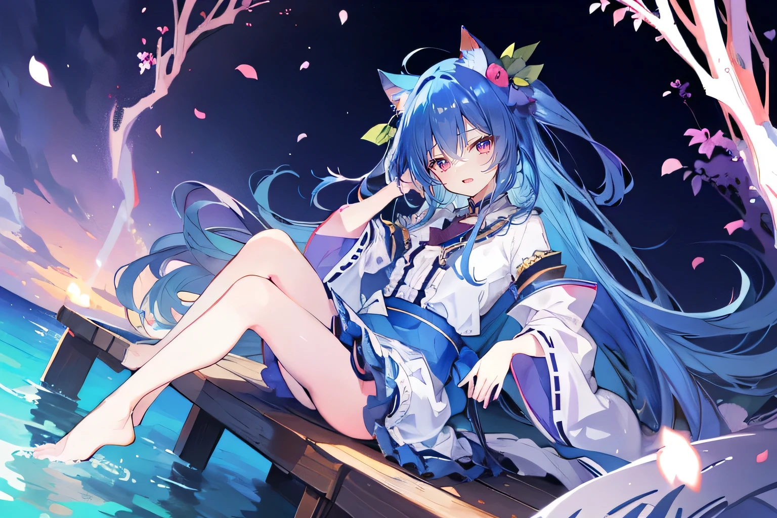 (masterpiece:1.2),Super detailed,lifelike,Expressive eyes,fair skin,perfect face shape,1 girl,
Japanese comics,Gorgeous blue hair,flowing blue hair,flowing clothes,Cat ears,Petals fall,beautiful lola,Baby Angel,
Shaking head with one hand,Cross your legs,,The pavilion is cool and comfortable,smile,back views,sunrise,Petals fall, winter,lie on the water,Nun's Clothes,stately church。