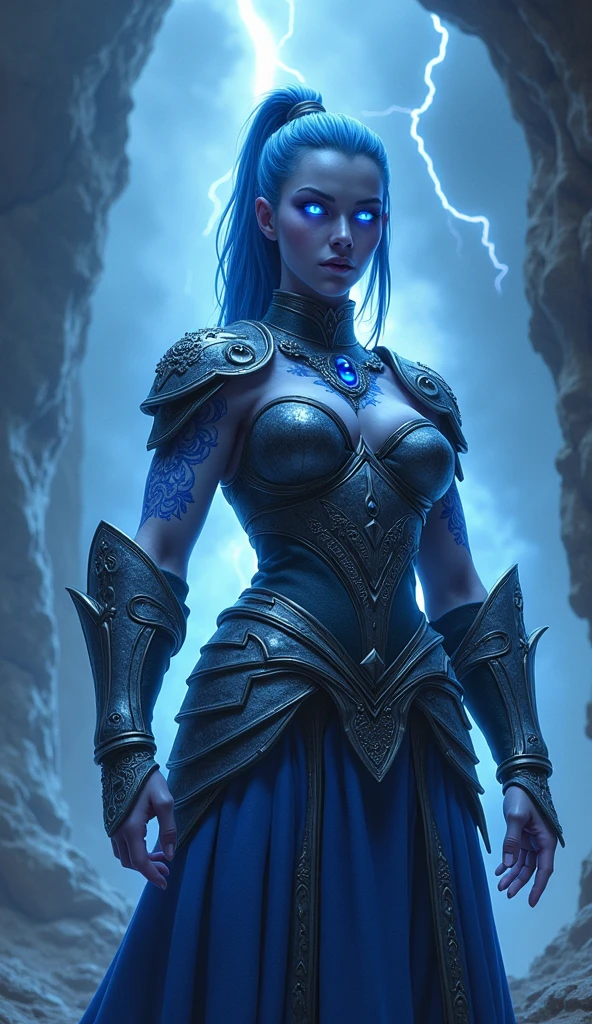 Aletta Ocean, angry evil beautiful and muscular, Nordic female, towering storm Giantess with blue black hair in a ponytail, older and mature woman, throwing a lightning ball, celtic glowing tattoos, wearing nordic steel runic plate mail Armour , temple cave background with lightning storm, glowing blue eyes, square jaw, powerful and imposing, winter clothing, pale blue purple skin, ((full plate celtic dragon armour)), nordic tattoos, fit bodybuilder, facing the camera , ultra detailed