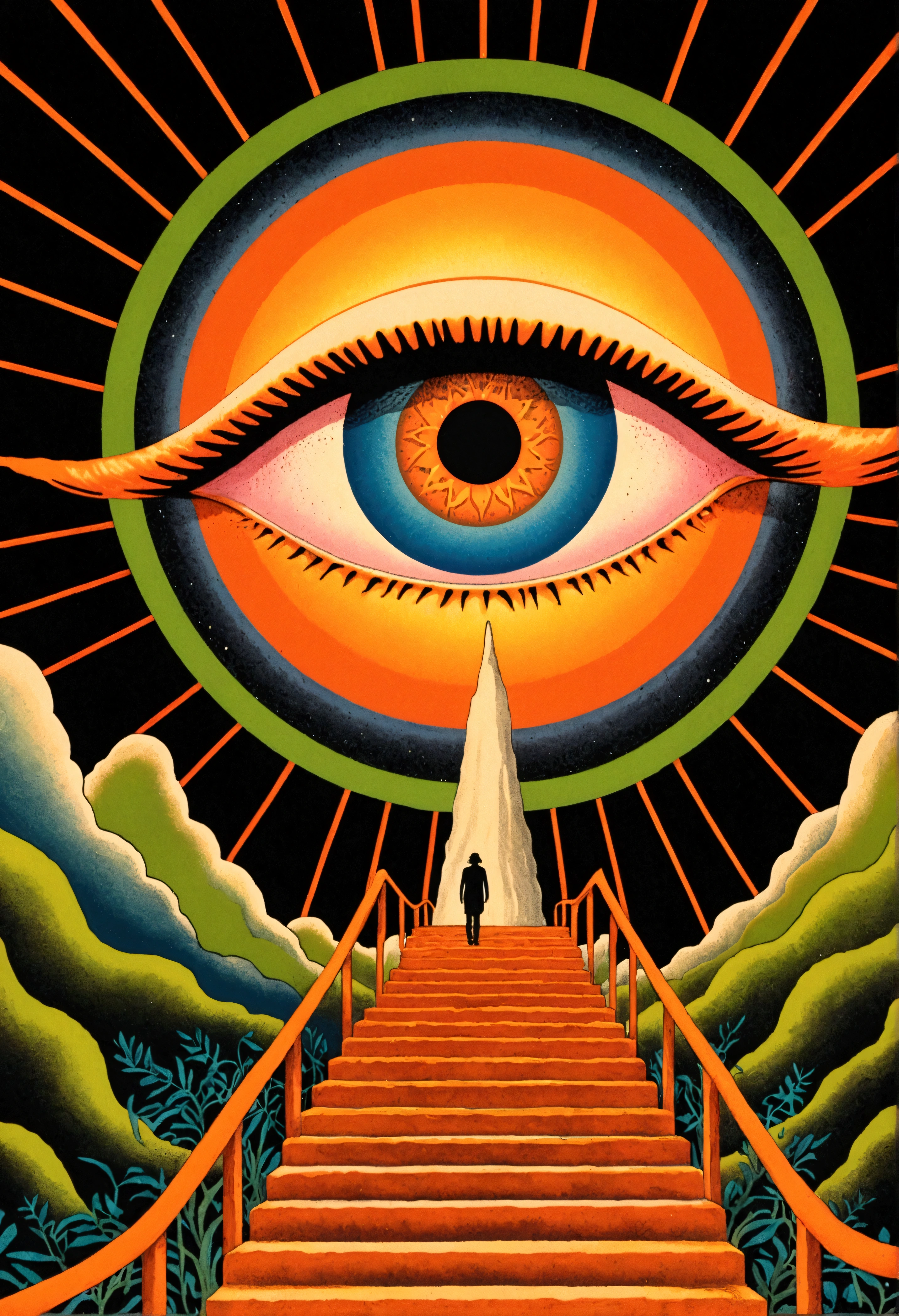 psychedelic aesthetic, Whimsical and psychedelic, Psychedelic illustration, 70s poster, Concert poster, Cosmic Psychedelic Drug Poster Art, Stairs leading to the big orange eye, A strange creature with eyes on both sides,Otherworldly visuals, Psychedelic Art style, trippy visuals, Psychedelic Art