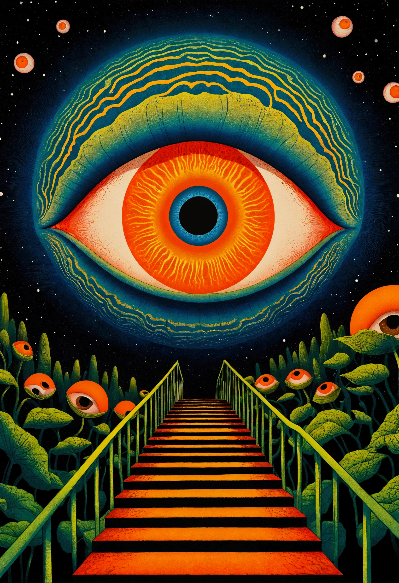 psychedelic aesthetic, Whimsical and psychedelic, Psychedelic illustration, Cosmic Psychedelic Drug Poster Art, Stairs leading to the big orange eye, A strange creature with eyes on both sides,Otherworldly visuals, Psychedelic Art style, trippy visuals, Psychedelic Art