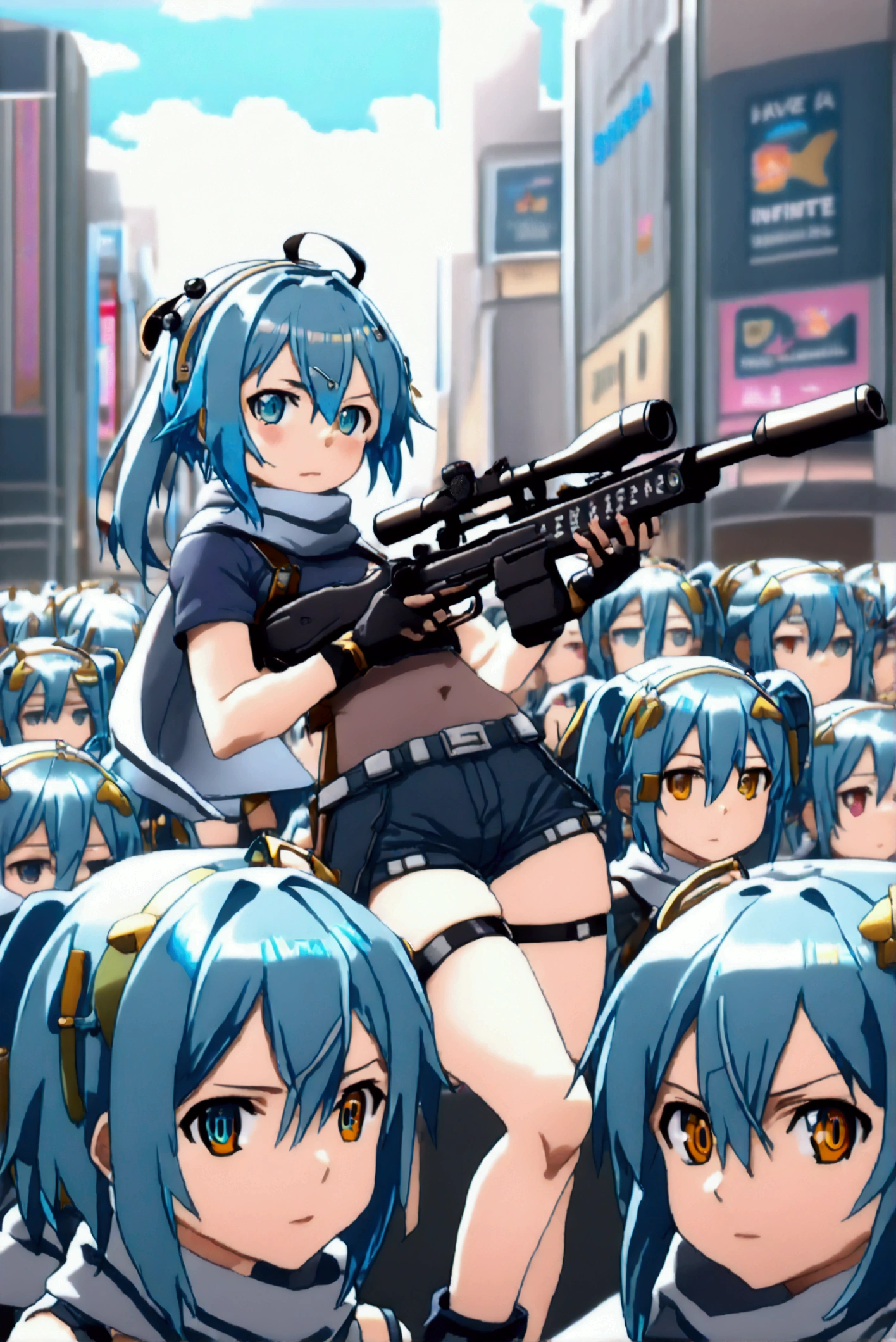 ((((((sinon, anime style, scarf, Fingerless gloves,thin, pale blue hair, hair adornments, hair clips, Thigh strap, Cowboy Shooting, Have a gun, Sniper rifle))))))(((An infinite number of girls with the same face and the same figure))) (((cloned face)))
(((similar identical twins)))(((At the Shibuya crossing, their bodies fill the space against the backdrop of tall buildings and advertisements. In the distance, only her distinctive hair is visible.)))
(((All the girls have the exact same face and nakid))), The girls have the same face and figure, as if they were mirror images.