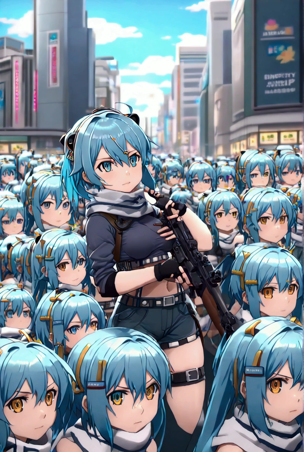 ((((((sinon, anime style, scarf, Fingerless gloves,thin, pale blue hair, hair adornments, hair clips, Thigh strap, Cowboy Shooting, Have a gun, Sniper rifle))))))(((An infinite number of girls with the same face and the same figure))) (((cloned face)))
(((similar identical twins)))(((At the Shibuya crossing, their bodies fill the space against the backdrop of tall buildings and advertisements. In the distance, only her distinctive hair is visible.)))
(((All the girls have the exact same face and nakid))), The girls have the same face and figure, as if they were mirror images.