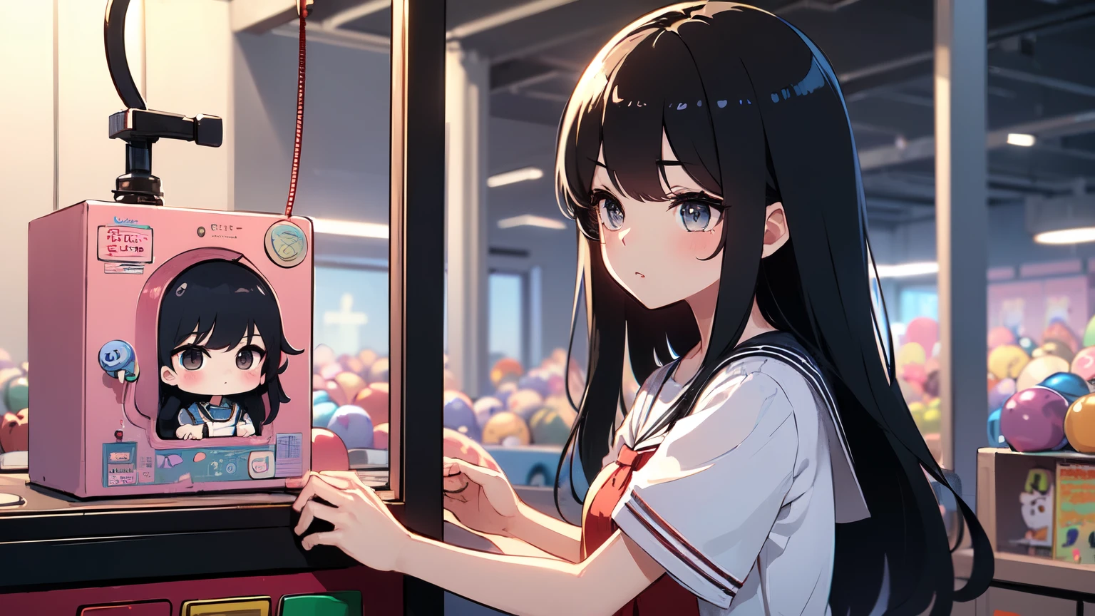 (((masterpiece))), (((Highest quality))), ((Claw Machine)), Place your hand on the bottom panel, Operate the long joystick、Press the button, Use the clamp to lift the toy, One girl, Komi Shoko, shy, blush, school uniform, Claw Machine, Rear View,