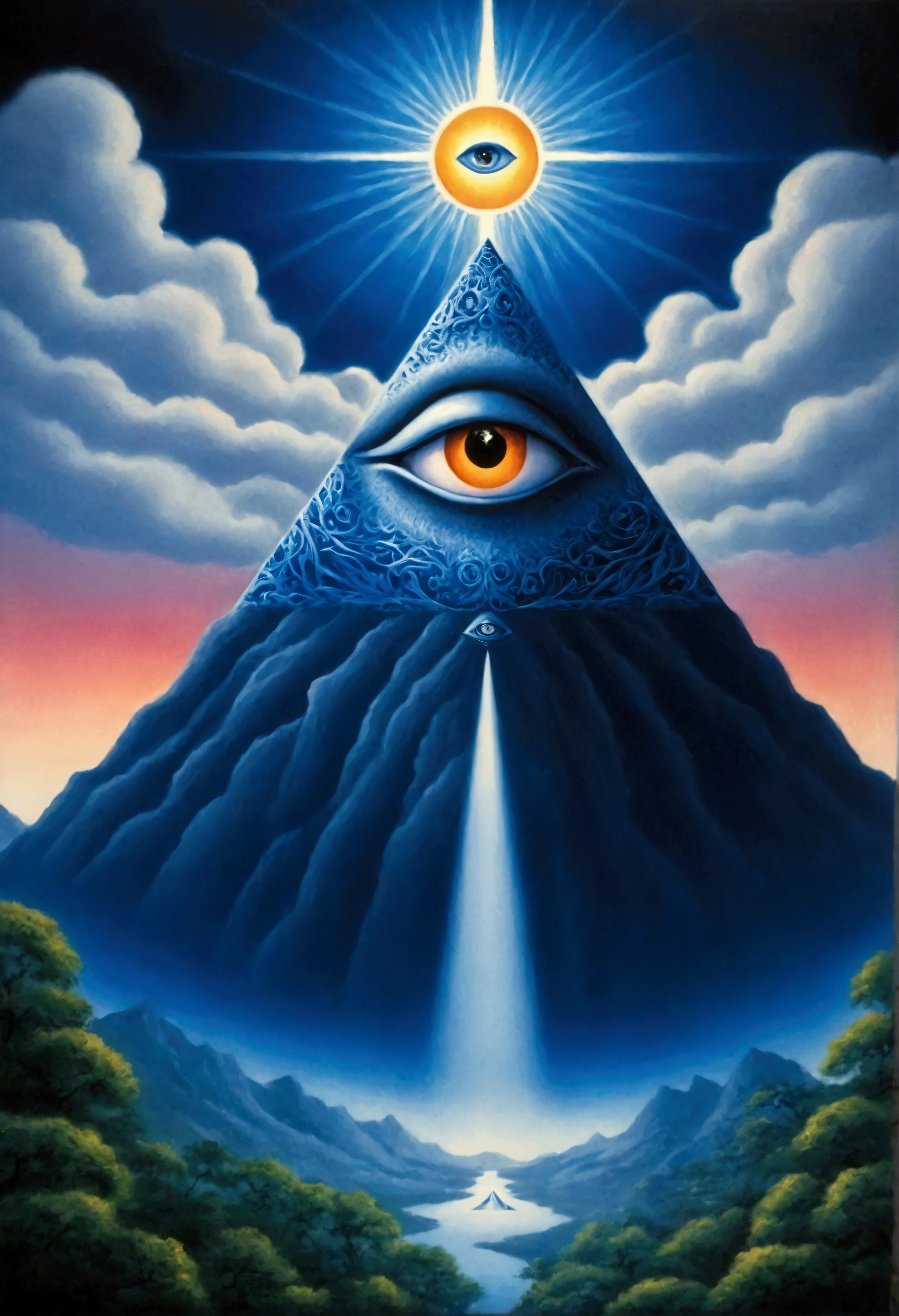Painting of a mountain，There is a sun and an eye in the middle, The Third Eye睛, glowing The Third Eye睛, mystical The Third Eye睛, opening The Third Eye睛, Paul Lafley, The Third Eye, Fantasy painting, the Eye of Providence, All-Seeing Eye, ( All-Seeing Eye ), Inspired by Nagai Hiroshi, The Third Eye的视觉, All-Seeing Eye, Eye of Providence