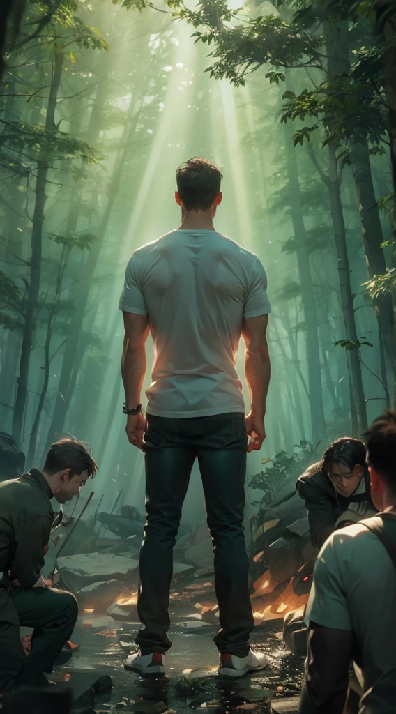 A beam of light shines on the man，muscle，strong，A man&#39;s back stands among the crowd，（The four people bowed their heads and knelt on one knee to salute him.：1.5），The background is in the forest，Wearing modern clothes, And soft colors in a circle in the forest. Create a surreal fantasy atmosphere.，momentum，Hot Blood，Marching through the burning forest。