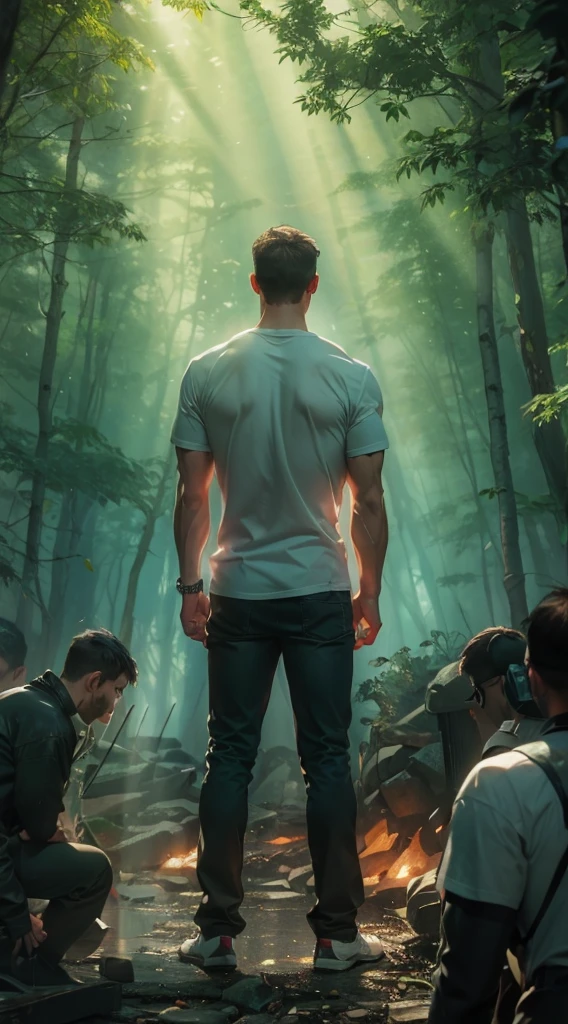 A beam of light shines on the man，muscle，strong，A man&#39;s back stands among the crowd，（The four people bowed their heads and knelt on one knee to salute him.：1.5），The background is in the forest，Wearing modern clothes, And soft colors in a circle in the forest. Create a surreal fantasy atmosphere.，momentum，Hot Blood，Marching through the burning forest。