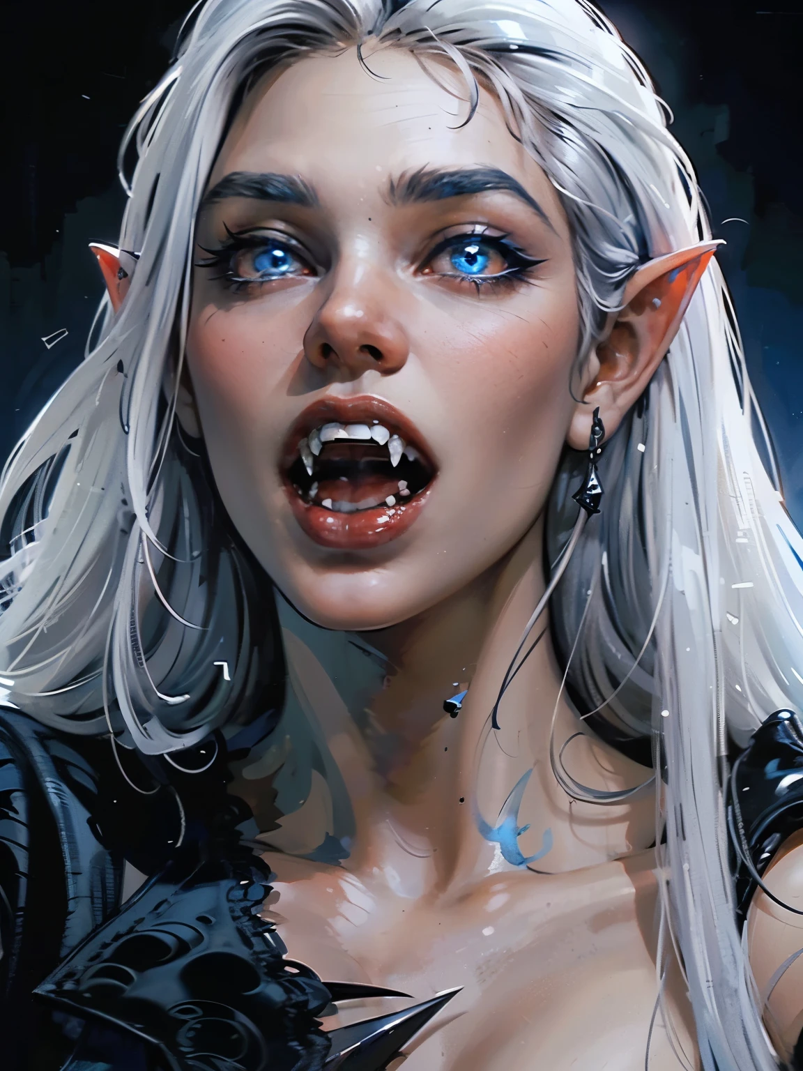 beautiful vampire woman in her 30s, with blue eyes and striking features, exuding maturity and allure in a seductive pose.(dark-blue background), pointy ears, (glowing blue eyes), (((big sharp fangs))), beauty, ((long white hair)), an14