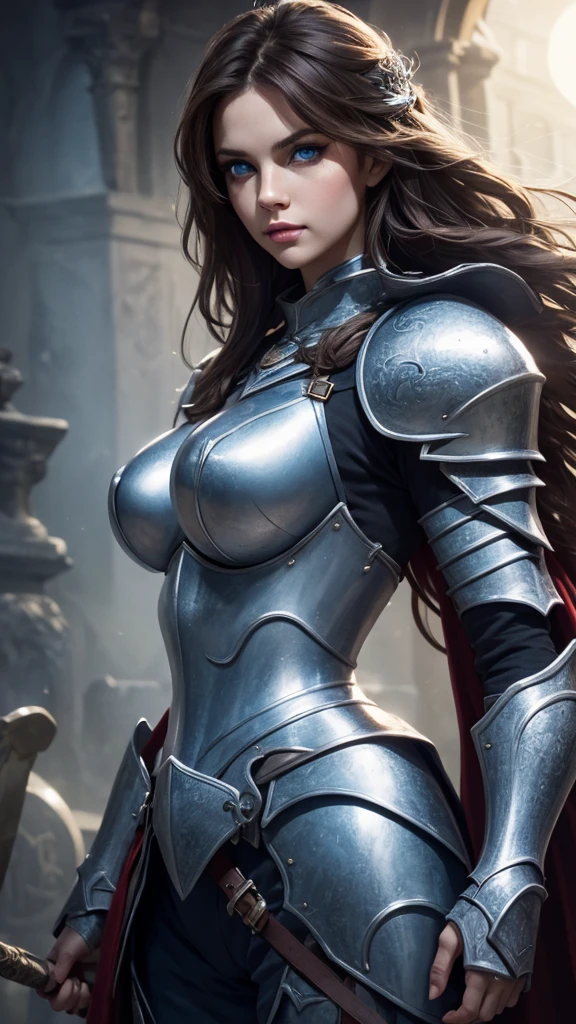  female knight , Full-length posing , big breasts, Divine face, beauty faces, big eyes, high detail, Beauty of lips, photorealistic, ultra realistic, background, the sun is shining in your face, rtx on, Color correction, perspective, depth of field, line of sight, tonal colors, Full HD, perfectionism, Rim lighting, daylight, soft lighting, Accent lighting, Score diffractions , super detailed, (( Detailed beautiful blue eyes )) , ( Brown hair ) , long wavy hair, ( knight expensive silver armor with runes and patterns) 