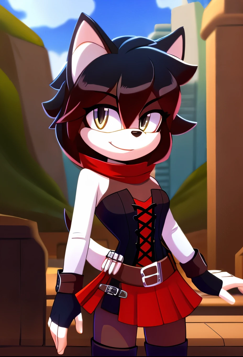 female, Female hedgehog, (Mobian Hedgehog) ((Ruby Rose as a Mobian Hedgehog)), Black fur, hedgehog ears, ((shoulder-length hair)), black hair with red tips, gradient hair, silver eyes, ((valley background)), medium breasts, light tan muzzle, light tan inner ears, atlasrose, black hair, gradient hair, grey eyes, red cape, white shirt, pantyhose, belt, red skirt, corset, thigh boots, fingerless gloves, wolf tail, cute smile, daytime, (mobian), Mobius city
