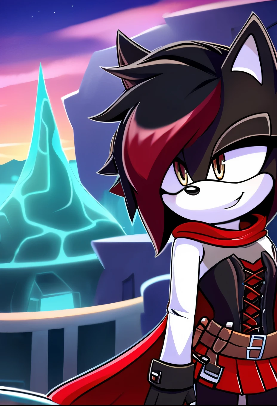 female, Female hedgehog, (Mobian Hedgehog) ((Ruby Rose as a Mobian Hedgehog)), (Black fur), open eyes, hedgehog ears, ((shoulder-length hair)), black hair with red tips, gradient hair, silver eyes, ((valley background)), medium breasts, tan muzzle, tan inner ears, atlasrose, black hair, gradient hair, grey eyes, red cape, white shirt, pantyhose, belt, red skirt, corset, thigh boots, fingerless gloves, cute smile, daytime, (mobian), Mobius city
