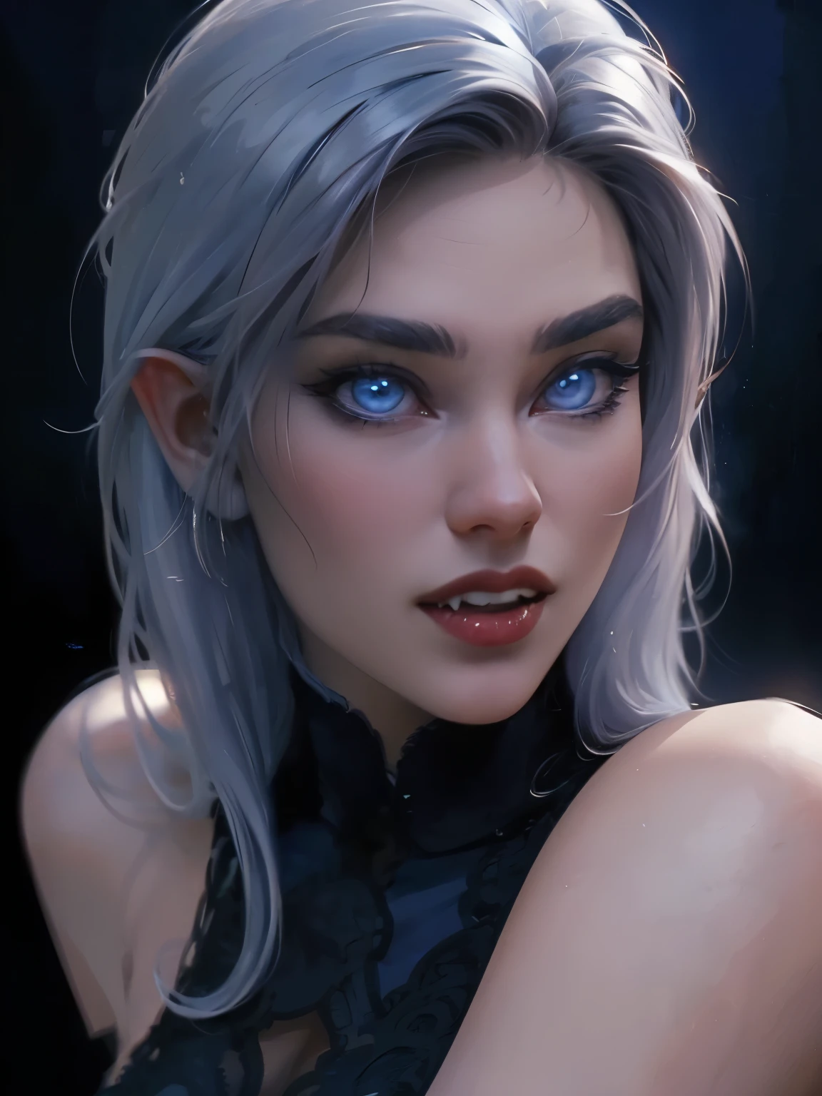 beautiful vampire woman in her 30s, with blue eyes and striking features, exuding maturity and allure in a seductive pose.(dark-blue background), pointy ears, (glowing blue eyes), ((big sharp fangs)), beauty, ((long white hair)), an14