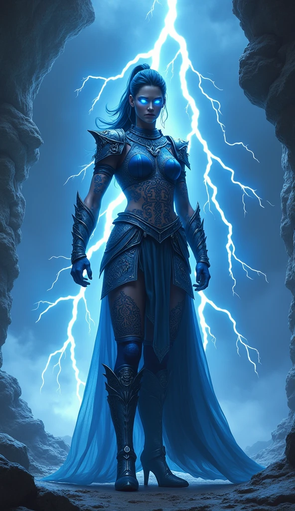 Aletta Ocean, angry evil beautiful and muscular, Nordic female, towering storm Giantess with blue black hair in a ponytail, older and mature woman, throwing a lightning ball, celtic glowing tattoos, wearing silver nordic steel runic plate mail Armour , temple cave background with lightning storm, glowing blue eyes, square jaw, powerful and imposing, winter clothing, pale blue purple skin, ((full plate silver celtic dragon armour)), nordic tattoos with bodybuilder physique