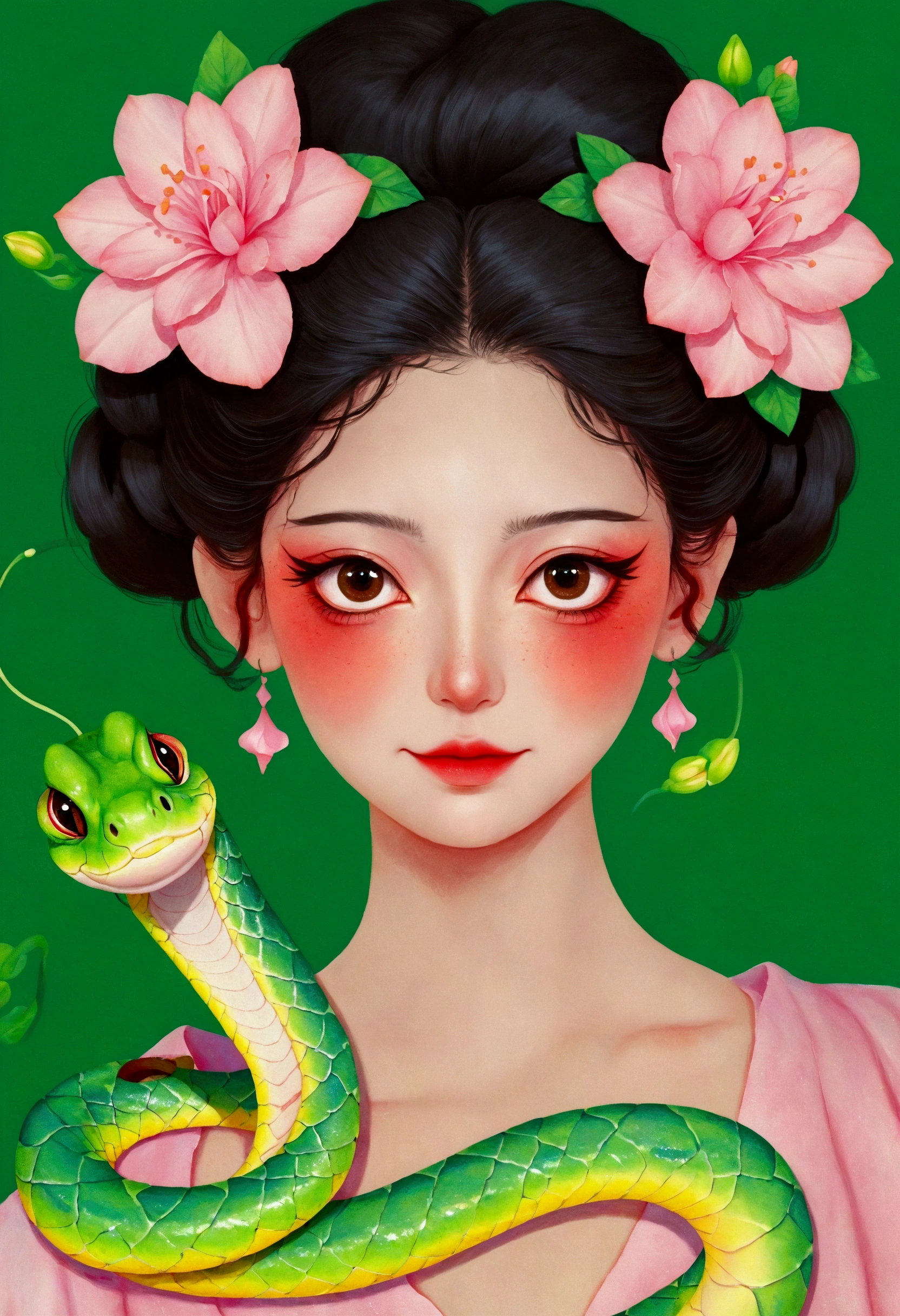 Cartoon，cute，A beautiful girl，A painting with a pink flower on the head,  Green Snake，Snake Face Woman, Ms. Entropy, 