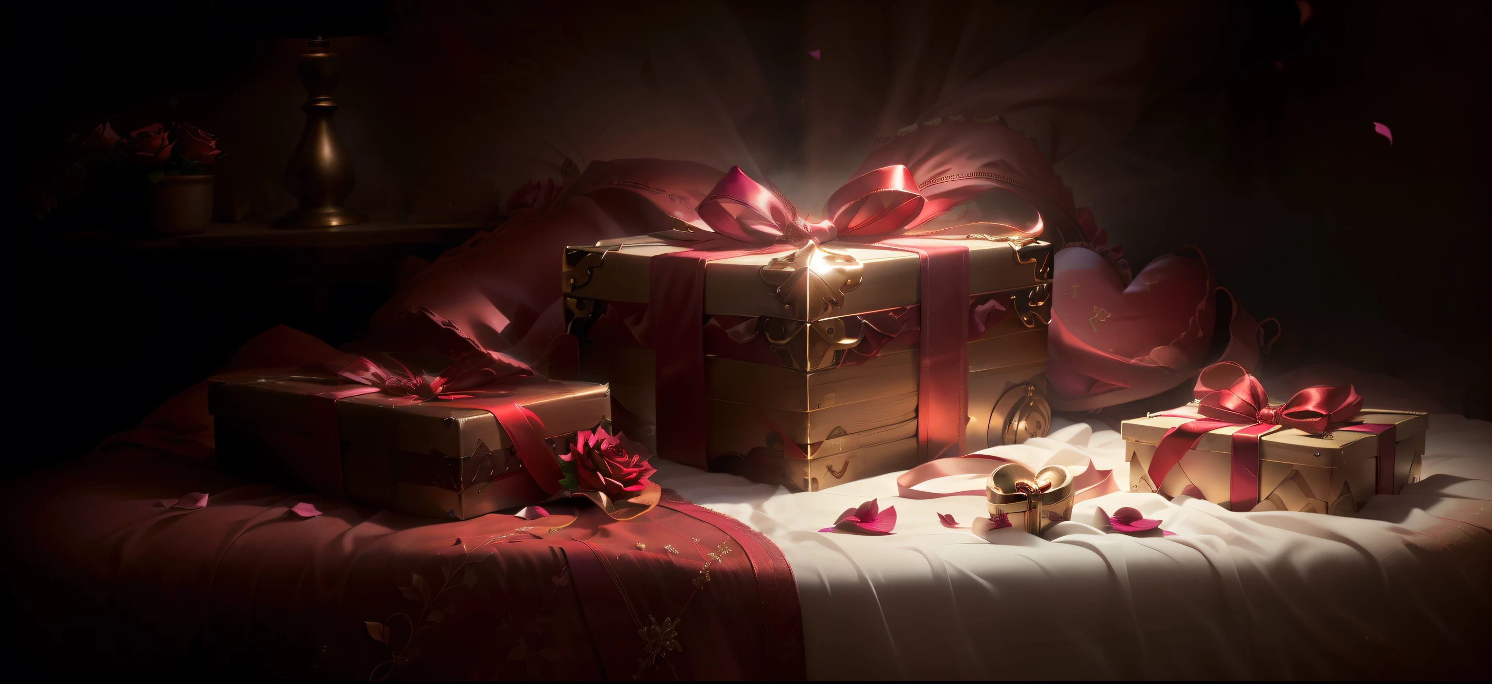(Open chests:1), Gifts Surround, pack, Letter with heart pattern, Rose petal, Sparkling atmosphere, Warm and mysterious atmosphere, Low light indoor environment, Soft focus halo, Soft background.Light fog,board