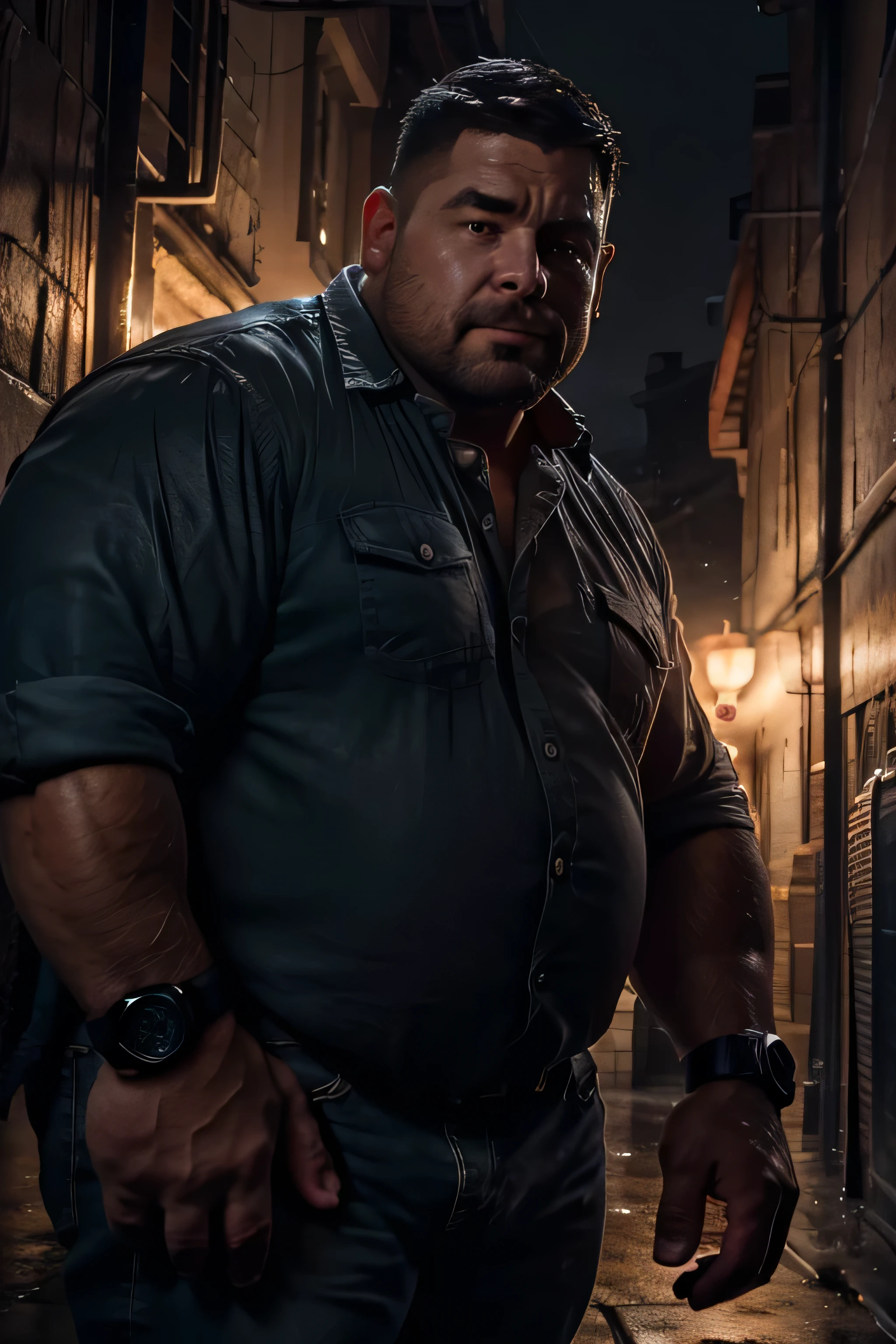 8k. hyper-realistic. high definition) handsome Caucasian. chubby guy. scruffy face. fat, wearing jeans, white collared shirt, big tummy, buffed, chubby face, hairy arms, wearing an orange g-shock watch on the left hand. thick eyebrows, medium-length hair, editorial shot. dramatic lighting, looking intensely at the camera. frowning. arm hair, beard, brown hair, blurry, blurry background, pouted lips. collared shirt, facial hair, looking at viewer, male focus, pocket, realistic, shirt, short hair, sleeves rolled up, solo, chubby face, plump face. outdoors. evening, dark alley, street light, heavy downpour, drenched, boy is soaking wet, boy's face is soaking wet, face is dripping wet, evening. dark alley. street lights. frontal lighting.