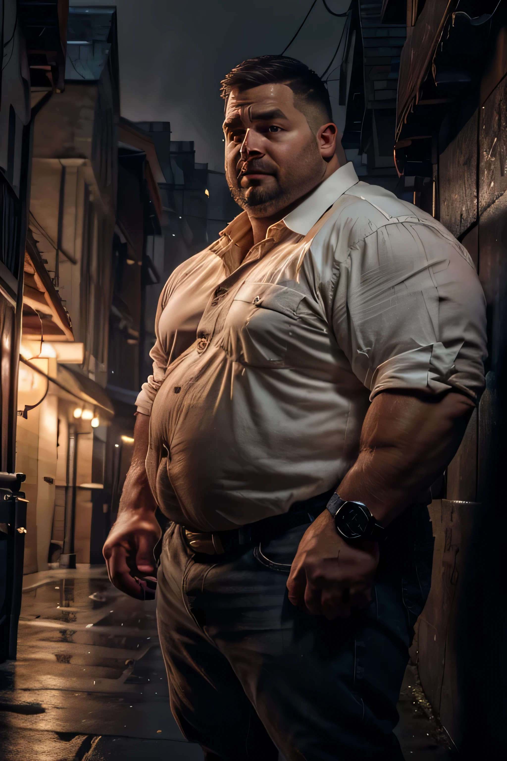 8k. hyper-realistic. high definition) handsome Caucasian. chubby guy. scruffy face. fat, wearing jeans, white collared shirt, big tummy, buffed, chubby face, hairy arms, wearing an orange g-shock watch on the left hand. thick eyebrows, medium-length hair, editorial shot. dramatic lighting, looking intensely at the camera. frowning. arm hair, beard, brown hair, blurry, blurry background, pouted lips. collared shirt, facial hair, looking at viewer, male focus, pocket, realistic, shirt, short hair, sleeves rolled up, solo, chubby face, plump face. outdoors. evening, dark alley, street light, heavy downpour, drenched, boy is soaking wet, boy's face is soaking wet, face is dripping wet, evening. dark alley. street lights. frontal lighting.