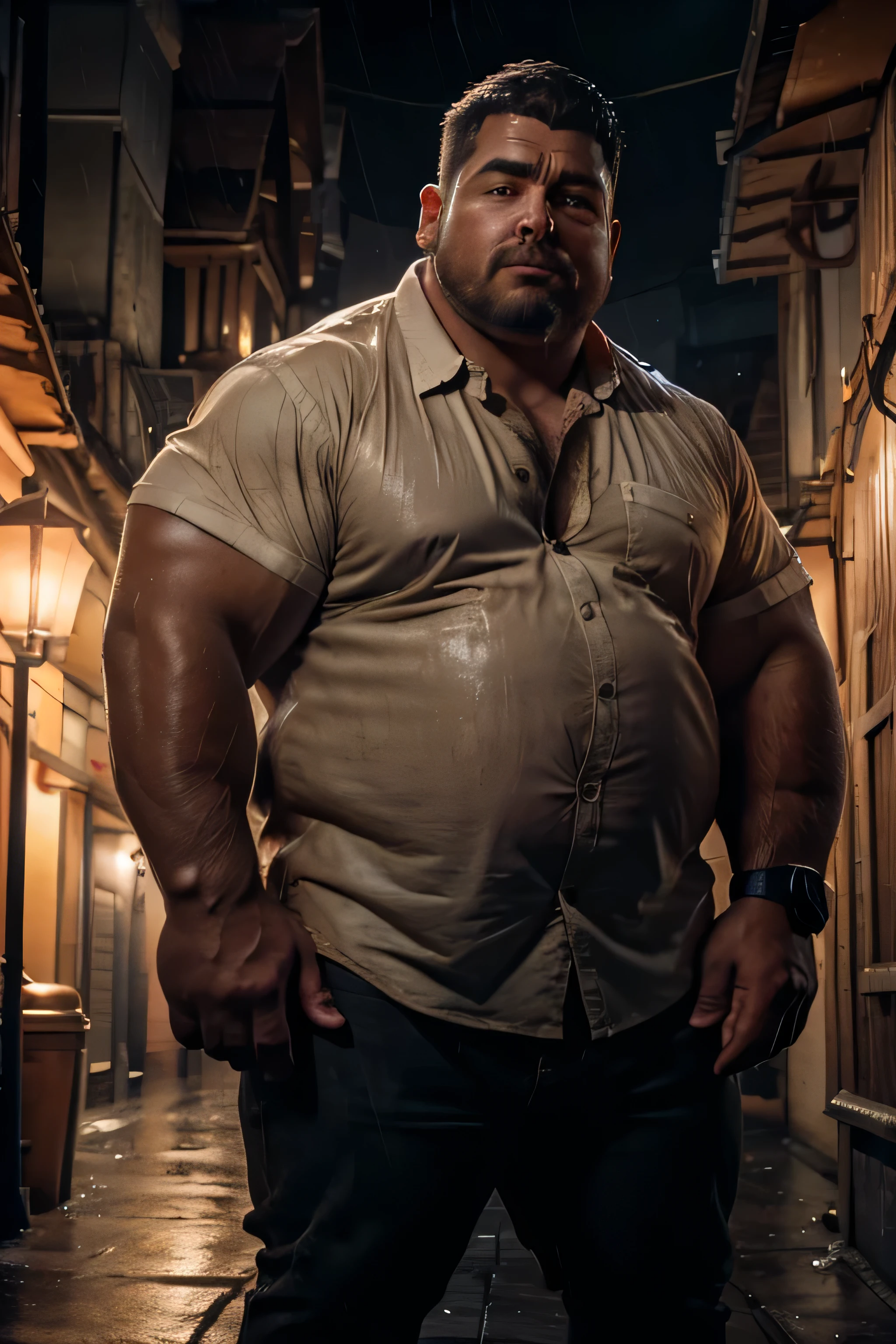 8k. hyper-realistic. high definition) handsome Caucasian. chubby guy. scruffy face. fat, wearing jeans, white collared shirt, big tummy, buffed, chubby face, hairy arms, wearing an orange g-shock watch on the left hand. thick eyebrows, medium-length hair, editorial shot. dramatic lighting, looking intensely at the camera. frowning. arm hair, beard, brown hair, blurry, blurry background, pouted lips. collared shirt, facial hair, looking at viewer, male focus, pocket, realistic, shirt, short hair, sleeves rolled up, solo, chubby face, plump face. outdoors. evening, dark alley, street light, heavy downpour, drenched, boy is soaking wet, boy's face is soaking wet, face is dripping wet, evening. dark alley. street lights. frontal lighting.