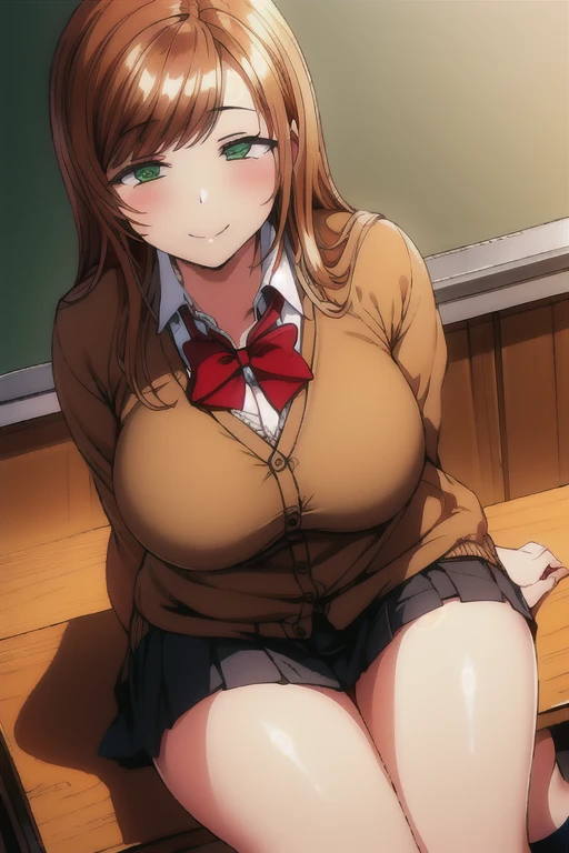 (masterpiece:1.0),(Highest_quality:1.0),Ultra-high resolution,Absurd,Very detailed,classroom,Cowboy Shot,smile, 
Sitting, 
Minako-Sanada, One girl,alone,Long Hair,Large Breasts,Green Eyes,school uniform, skirt, cardigan,Red Bow,