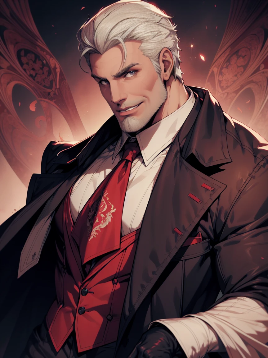 1man, vampire, handsome, pale grey skin, prominent muscular body, seems longer fangs, smile, shining red eyes, Art Nouveau Style, wearing Nouveau Suitcoat, nouveau-psychedelic background, hd, high quality, realistic-style, ultra-realistic, hyperrealistic, closer distance face, closer distance head, his distance pressing against me, 8k resolution