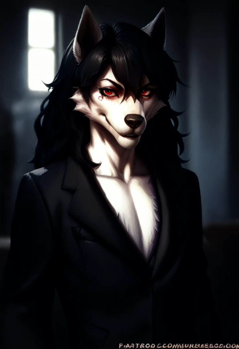 Death, a white furry wolf,femboy,skinny,long hair, black hair,androgynous,male focus,flat chest,white fur skin,nice suit, red eyes,a sensual physique,inspired by the style of David Lynch, masterfully rendered with exceptional detail and vivid colors.