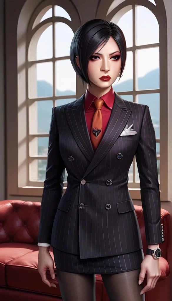 score_9, score_8_up, score_7_up, score_6_up, source_anime, double-breasted suits, 1girl, solo, asian woman, ada wong, black hair, short hair, formal, black pinstripe suit, (((red silk necktie))), earrings, jacket, shirt, standing, hand on hip, window, watch, black pinstripe jacket, wristwatch, red shirt, red lips, black pinstripe skirt, makeup, pantyhose, cufflinks, long necktie