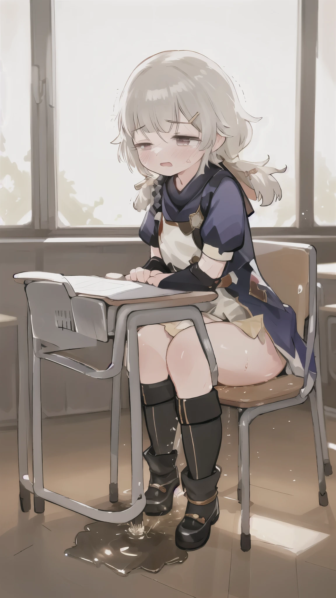 best quality，（Kawaii：1.1），（charming），（high resolution：1.2），Incredibly ridiculous resources：1.3，Incredibly beautiful illustrations，charming女性 ，peeing self，black leather boots，peeing，Wetting self desperation in the classroom