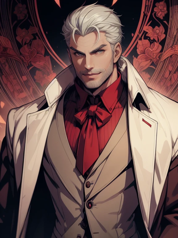 1man, vampire, handsome, pale grey skin, prominent muscular body, seems longer fangs, smile, shining red eyes, Art Nouveau Style, wearing Nouveau Suitcoat, nouveau-psychedelic background, hd, high quality, realistic-style, ultra-realistic, hyperrealistic, closer distance face, closer distance head, his distance pressing against me, 8k resolution