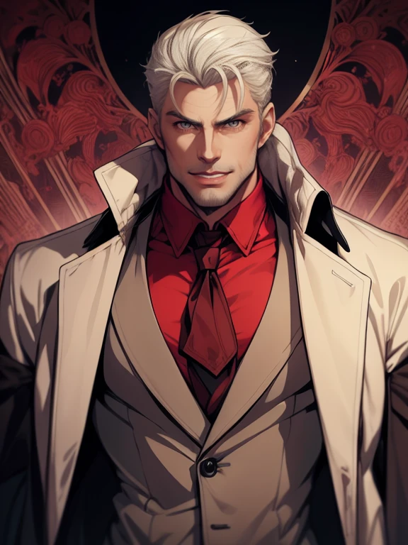 1man, vampire, handsome, pale grey skin, prominent muscular body, seems longer fangs, smile, shining red eyes, Art Nouveau Style, wearing Nouveau Suitcoat, nouveau-psychedelic background, hd, high quality, realistic-style, ultra-realistic, hyperrealistic, closer distance face, closer distance head, his distance pressing against me, 8k resolution