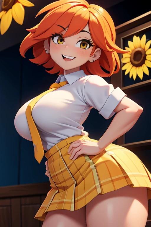 8k, raw photo, masterpiece, extremely detailed, best quality, professional lighting, high res), sunset, beautiful and adorable girl, honma himawari, ahoge, sunflower hair ornament, school uniform, white shirt, yellow vest, tie, plaid skirt, (energetic girl), big smile, BREAK high school, summer, sunflowers, BREAK thighs, (close up thighs), view from below, plump body