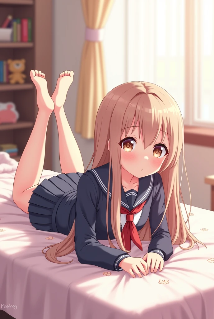 Anime girl in school uniform lying on her stomach on the bed - SeaArt AI