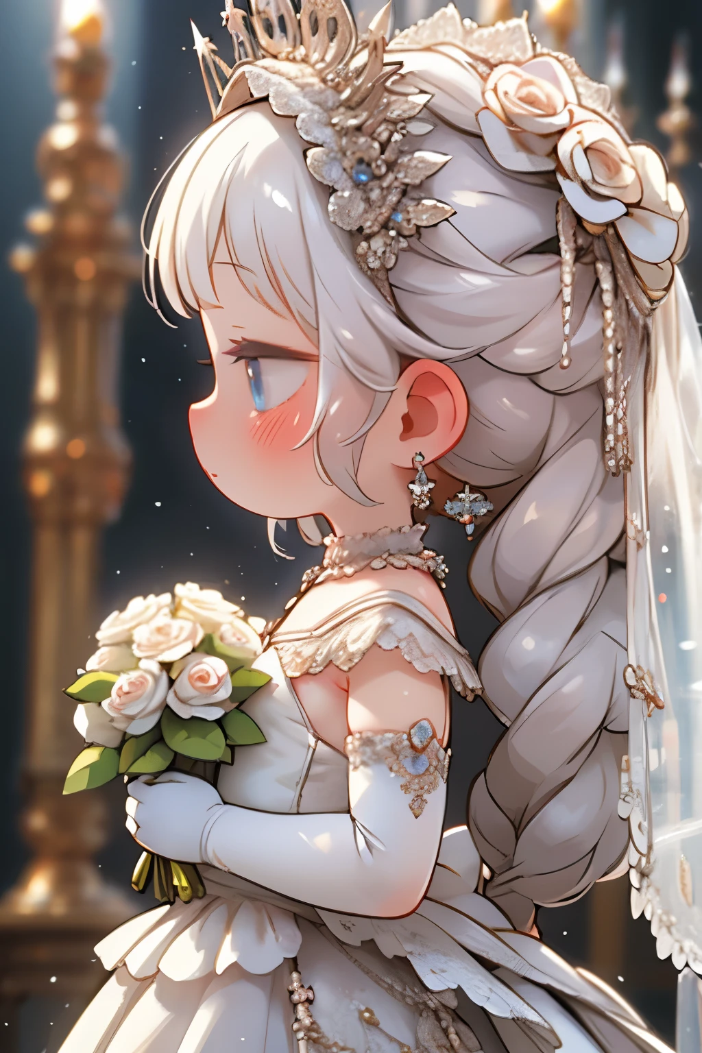 (masterpiece, Highest quality:1.2), ，Earrings，Veil，jewelry，alone，wedding dress，flower束，dress，bridal Veil，flower，elbow gloves，white dress，gloves，flower嫁，Upper Body，From the side，profile，white gloves，Rose，Center of chest，Mouth closed，hoop Earrings，white flower，holding flower束，