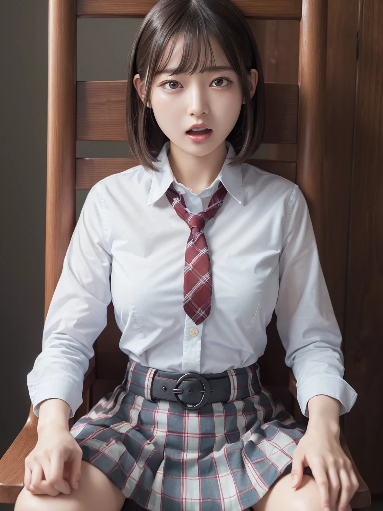 ((Highest quality, masterpiece :1.3)), Realistic、Ultra-high resolution、Natural skin texture、Hyperrealism、Picture from the waist up、A beautiful  Japanese girl、Shining Eyes、White collared shirt and checked mini skirt、Tied to a chair、Painful expression、Scream in pain