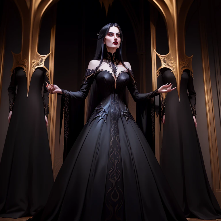 ornate, long straight hair, form-fitting black gown with intricate detailing, shiny flowing material, no visible accessories, poised pose, standing with hands relaxed, looking to the side, smooth fair skin, dark indoor setting, minimalistic background with walls, dramatic lighting from above, strong shadows, elegant and mysterious atmosphere, side view, deep depth of field, sharp focus on subject, even exposure,elegant long venom black dress with intricate vampire teeths  details ,standing pose, looking down, smooth skin, dark slicked-back hair,Full body image  (gothic black long dress), (makeup:1.4), a gothic night cocktail dresswith intricate details,gothic dress make of solid smoke, gothic dress made of venom,living dress,a gothic dress decorated with gold and copper metal detail, decorated with fangs, make of smoke tendrils and vemom tendrils , lasombra vampire dress