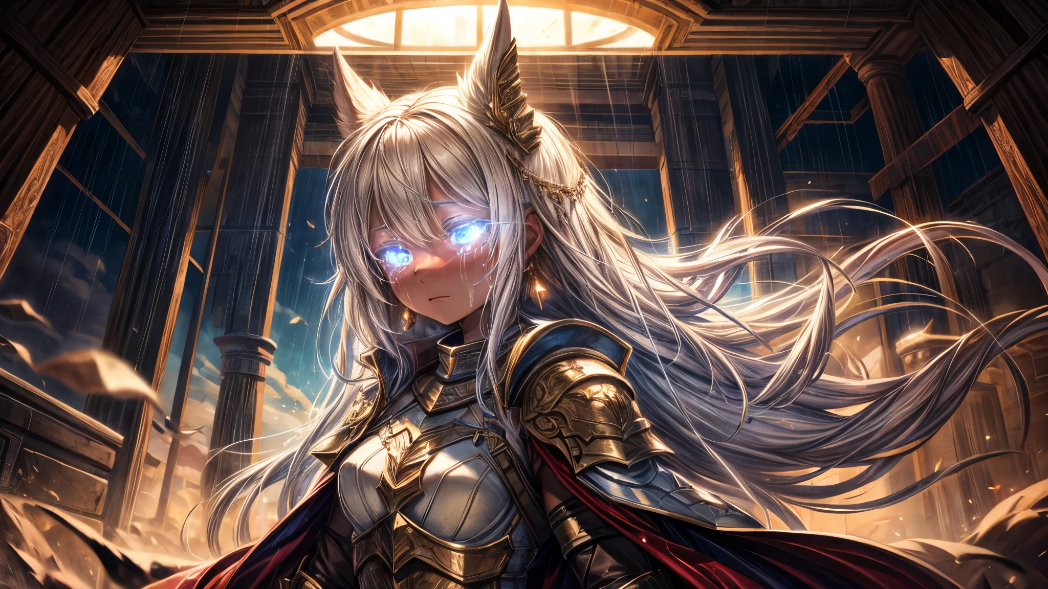 High resolution, masterpiece, Highest quality, Textured skin, Plump Skin, Glowing Skin, girl, Illustration for only one person, Brown Skin, White Hair, White eyelashes, Small breasts, Metal life forms, The body is made of liquid metal, Crescent-shaped earrings, Flying in the air, dress, armor, Low exposure, adult, around 20 years old, Crying out loud, Crying, Surrounded by sadness, Big tears, In the heavy rain