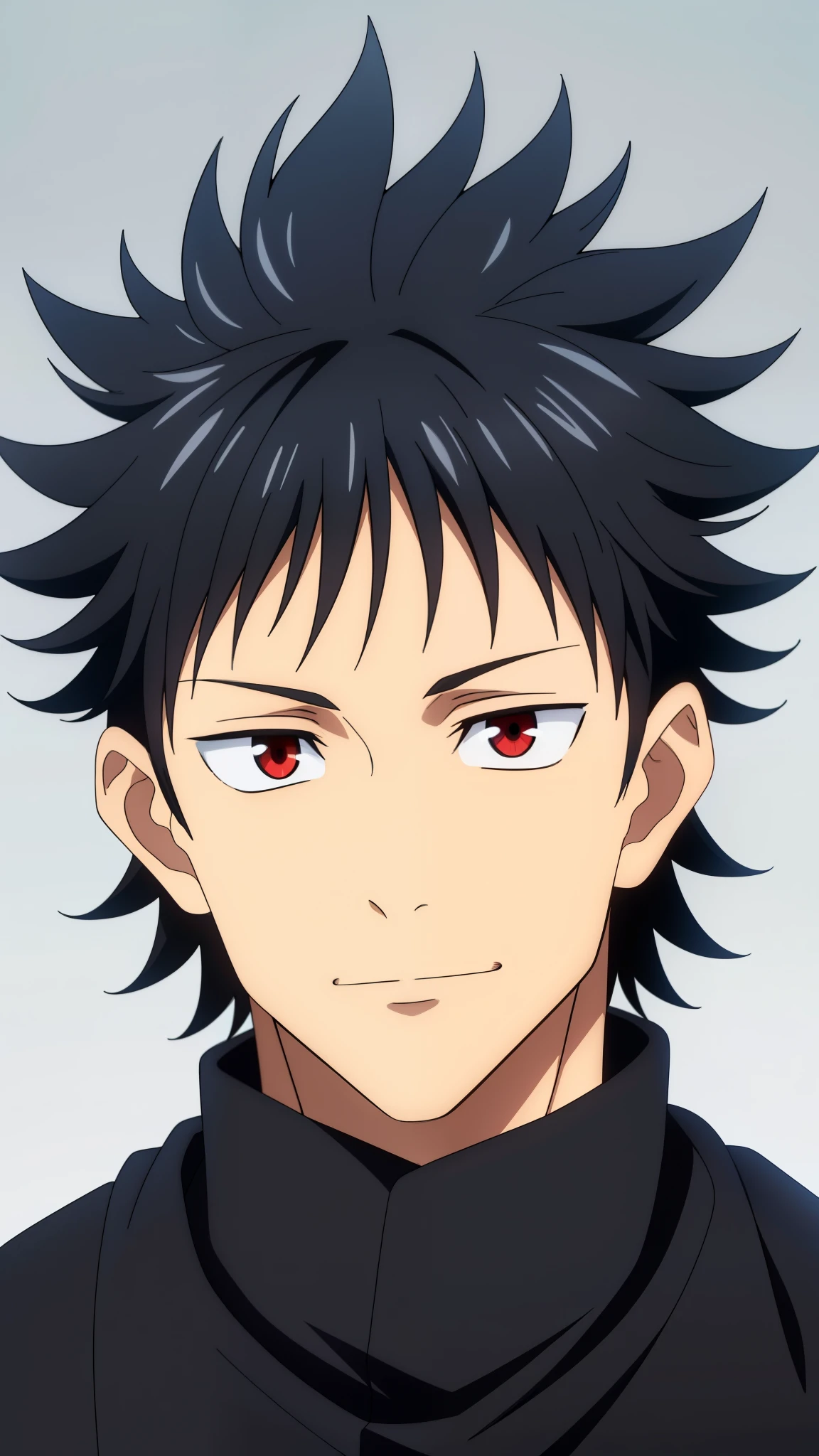 (high-quality, breathtaking),(expressive eyes, perfect face) 1boy, male, solo, teenager, black hair, red eye color, medium hair length, looking at viewer, half body, bright smile, kind face, calm expression, tanned skin, dark black blue long sleeved shirt, collared shirt, dark black blue pants, jujutsu kaisen uniform, jujutsu high school uniform, wavy hair, grey background, portrait
