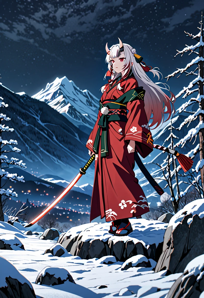 8K Ultra High-Quality, ultra-detailed, High quality, Nakiri ayame, white oni horns, standing on a rock, snow, mountain in the background, night time