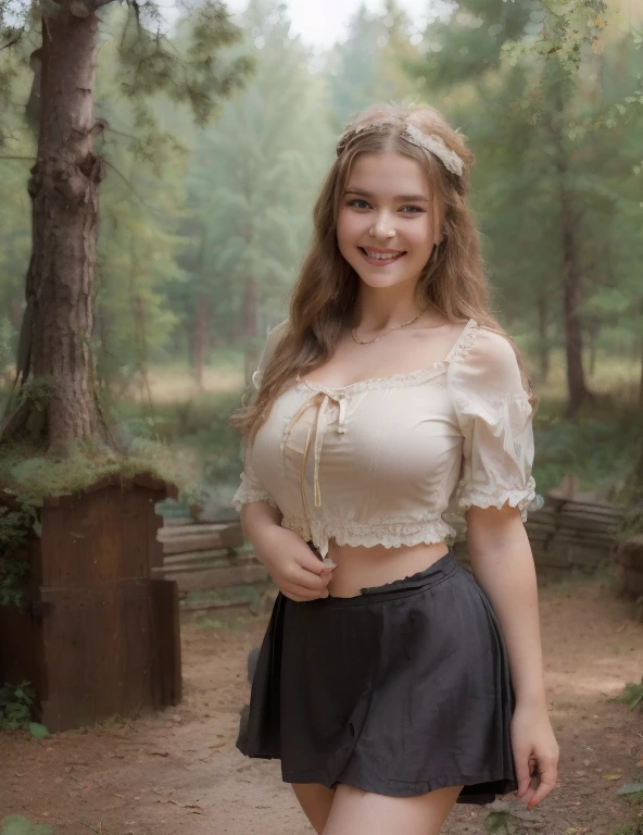 photography, masterpiece, high resolution, realistic image, ((Russia, Middle Ages, misty mountain forest, a young Russian preschool girl, very young, wears authentic medieval clothing, ((Unusually large bust size for her young age., Hips wide)), smiles flirtatiously and shyly, pikaboo lifting her skirt.