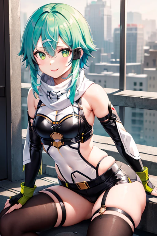 ​masterpiece, top-quality, hight resolution, 1girl in, sinon1, scarf, Fingerless gloves, hair adornments, hair clips, Thigh strap, Cowboy Shooting, Have a gun, Sniper rifle,, sitting on, Curvaceous, Small waist, bbw,, surrounded by people、a smile