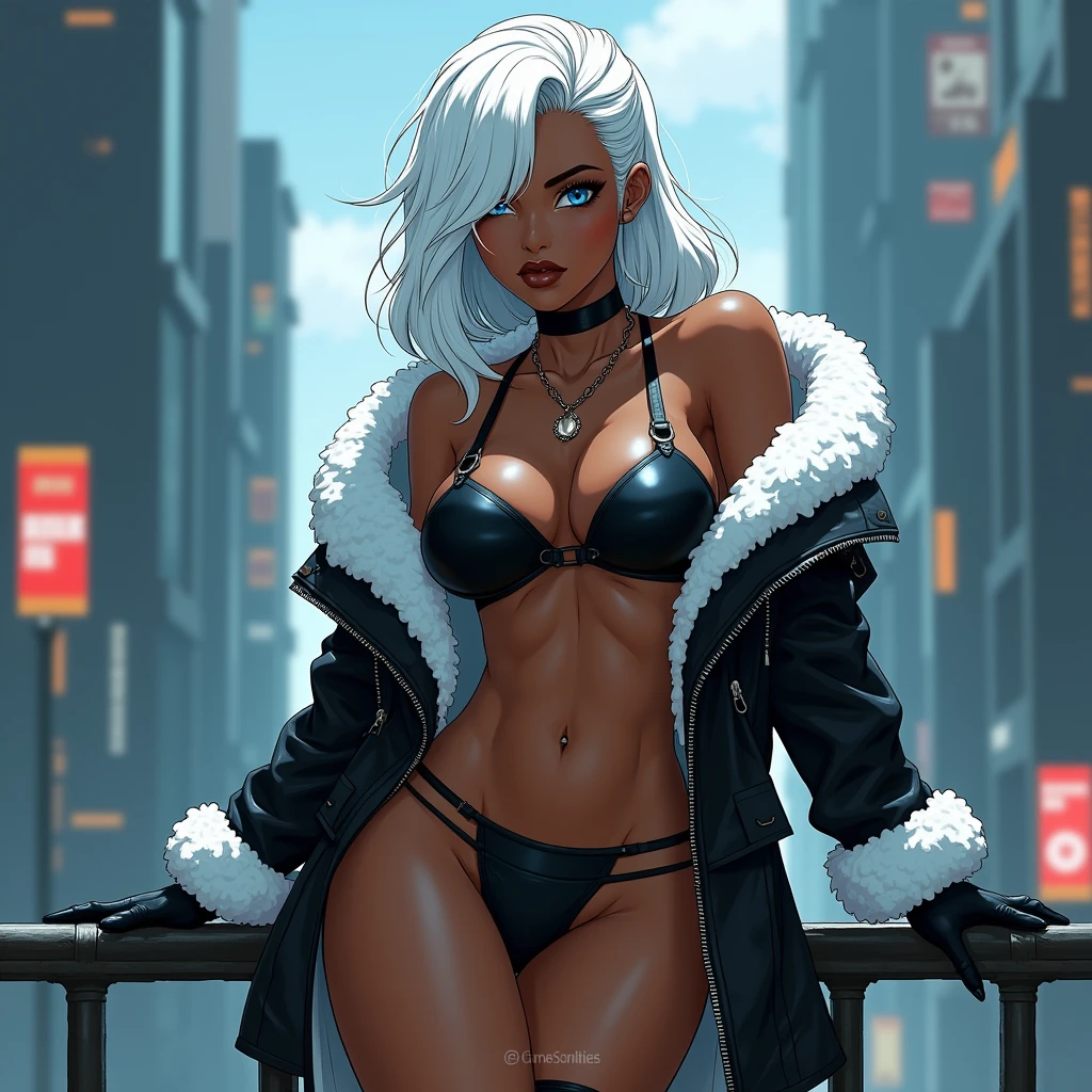Very muscular woman, black with white hair, with feminine features in anime