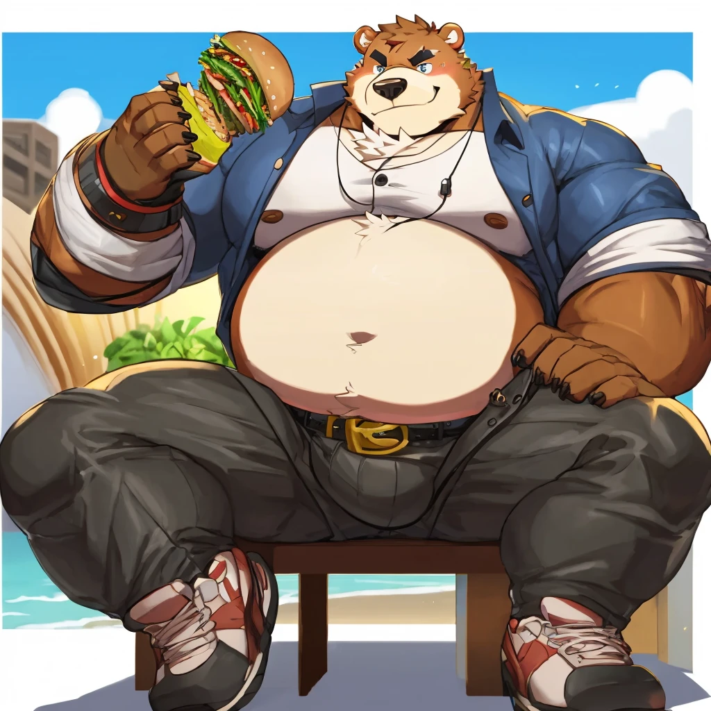 Fat anthro bear, tight button-up, kinky, smirk, 4k, masterpiece, tight belt, masculine, manly, attractive, round belly, taut belly, sitting on chair, burger factory, obese, very round belly, from below, cocky face, giant belly, looks into view, holds his fat belly tight