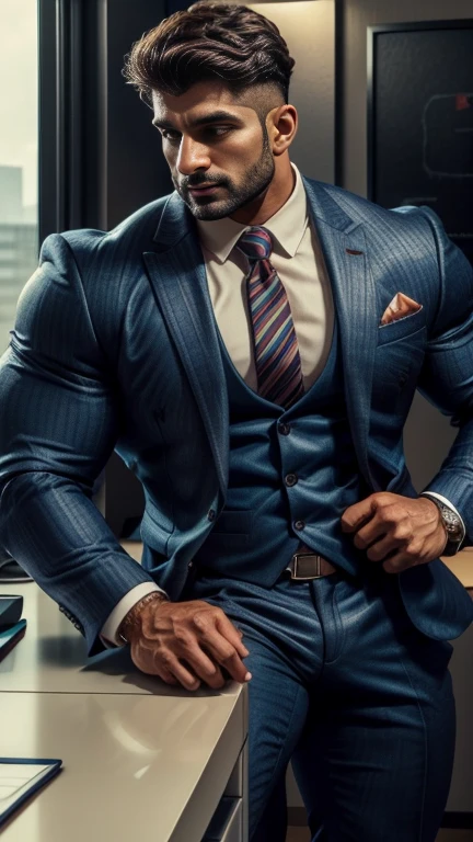 30 years old indian Alastair Kingsley indian business suit man muscular man standing in office, one character, one place, one structure every thing same in all photos, stunning visual, profile image, in style of ultra realistic, standing close-up on spread legs, detailed style, functional and elegant look, in style of realistic, crisp details