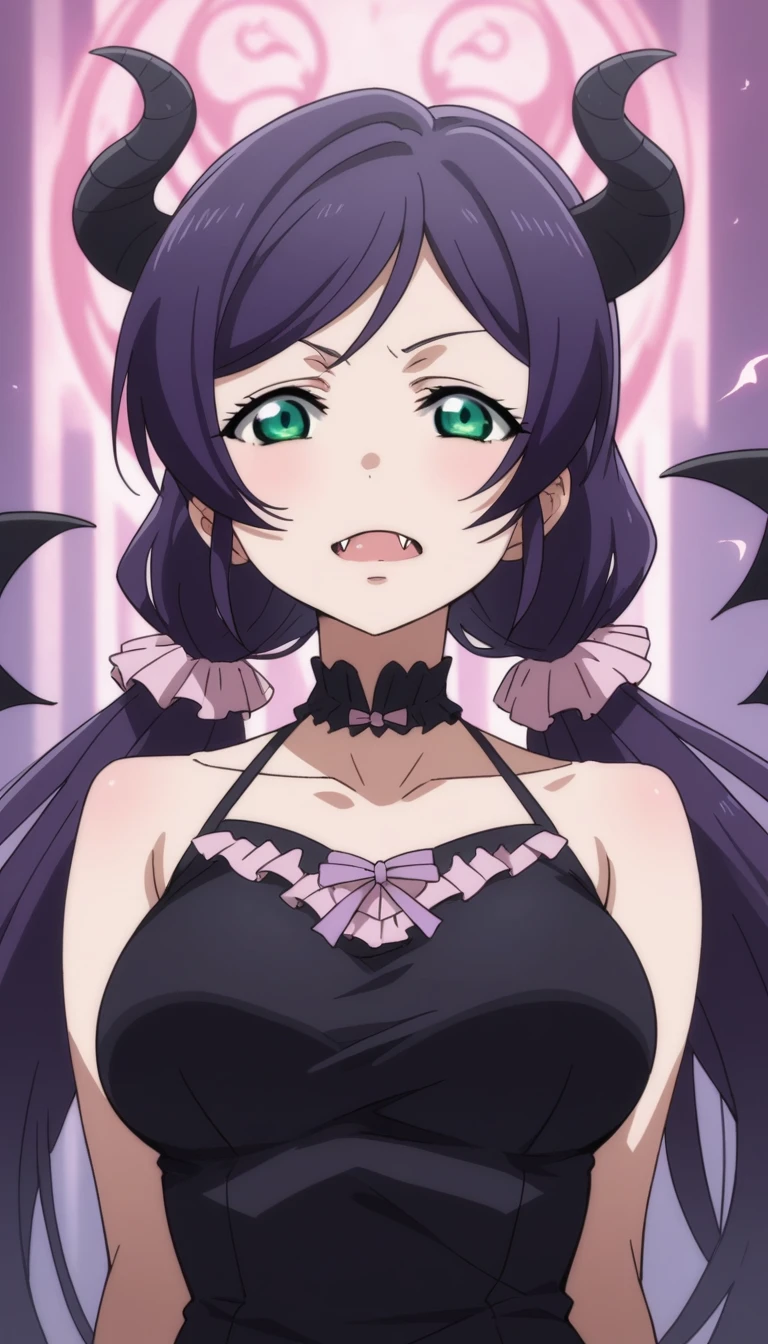 Score 9, Score 8 up, Score 7 up, The evaluation is questionable,
Detailed Background, Glowing Skin,nozomi toujou, green eyes, purple hair, twintails, low twintails, scrunchie, long hair,{best quality}, {very aesthetic}, {ultra-detailed}, {best illustration},devil girl, horns, fangs, bat wings, black costume, ominous,Anime Style,high quality,masterpiece,Very detailed