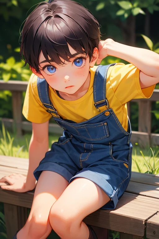 1boy,  british boy in overalls with shorts and a yellow shirt underneath, sitting on knee, glowing blue eyes, outdoor, close-up