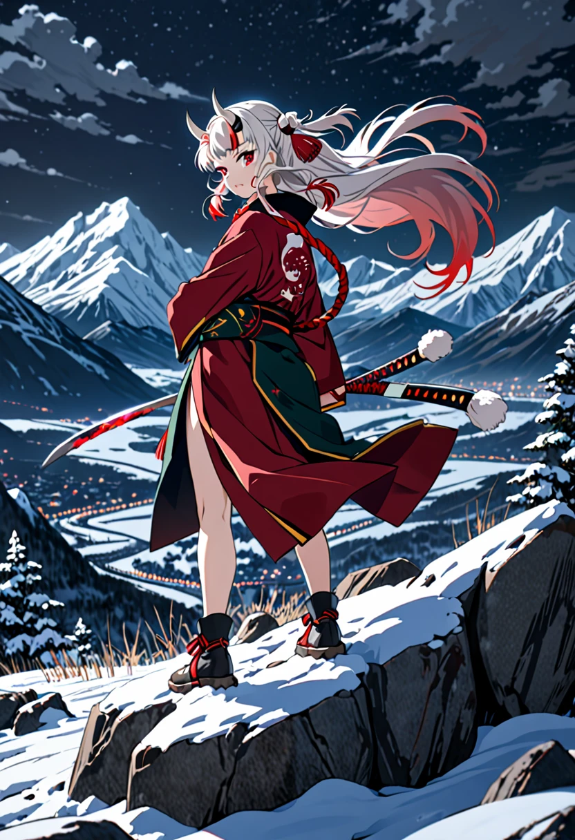 8K Ultra High-Quality, ultra-detailed, High quality, Nakiri ayame, white oni horns, arms on the back, standing on a rock, snow, mountain in the background, night time, windy