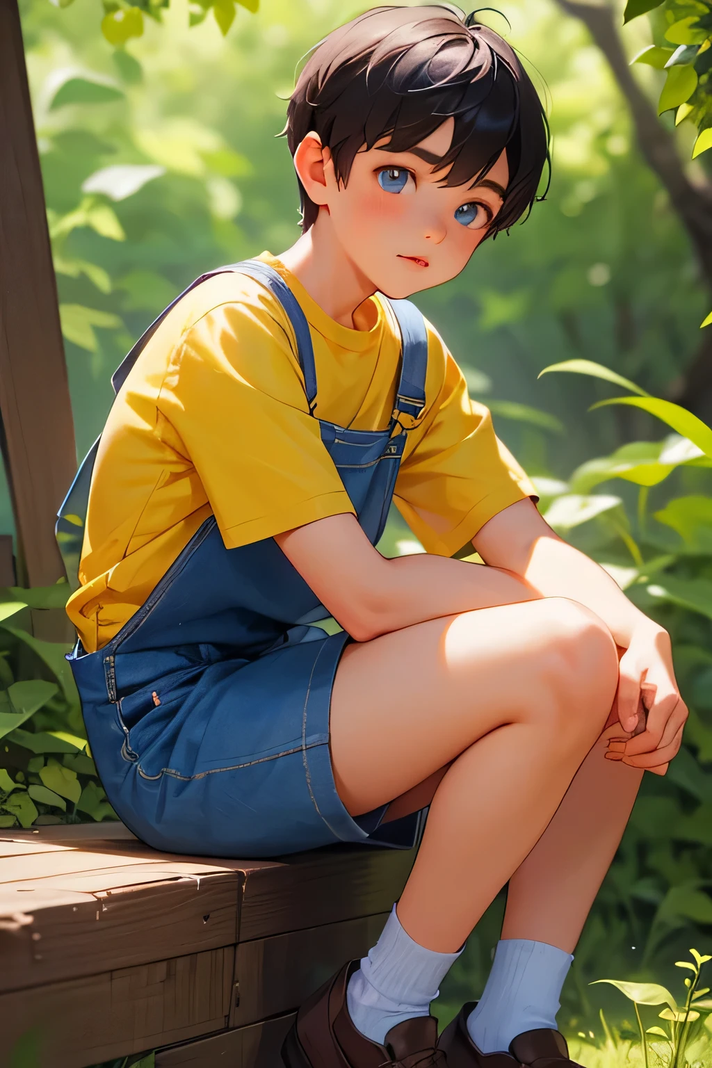 1boy,  british boy in overalls with shorts and a yellow shirt underneath, sitting on knee, glowing blue eyes, outdoor, close-up