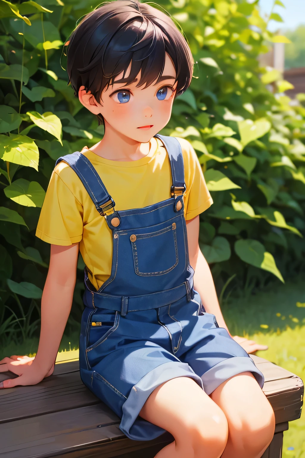 1boy, young little british boy in overalls with shorts and a yellow shirt underneath, sitting on knee, glowing blue eyes, outdoor, close-up