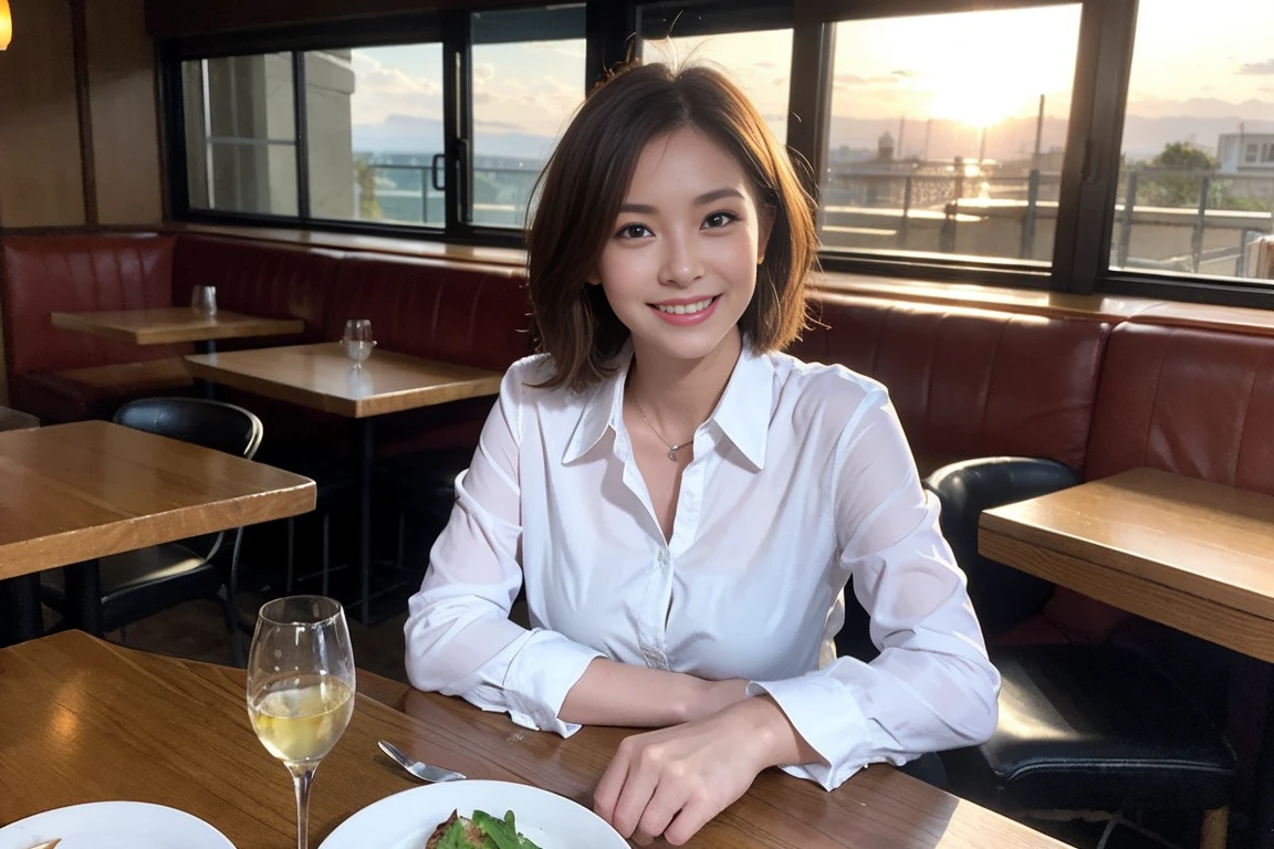 ((Highest quality、8K、masterpiece:1.3))、Yuuko Araki、slimカップル、ピンクmodelカップル、(Realistic, Intricate details:1.2), full-course dinner、Wine Party、Amazing view of the sunset sky and clouds、A bright smile、The wonderfulness of smile、Bright image、The beauty of wine, Beautiful Face, blue eyes, The light shines on your face, Blushing, short hair,Bright Face、42 years old,45 years old, red wine 、Appetizers、Italian food、Wine bottle、Champagne、sparkling wine、Two beauties、Brown Hair、Shortcuts、Long sleeve shirt、dress、Beautiful woman 1, (slimな顔), (The body is slim), (Brown Hair), (Shortcuts), cheeks turn a little red,Attractive beauty、restaurant, In a prominent place (From the waist up) Nova Frog Style, actress, model, Upper Body, White wine, slim, wine glass, 中央に置かれたwine glass, smile, (smile: 1.15), Beautiful fine grain, Depth f/2,saturation, High Contrast, Strong light and shadow,Moist Body:1.5、3D texture、Delicate eyes、Brown Hair、The hair is very shiny、