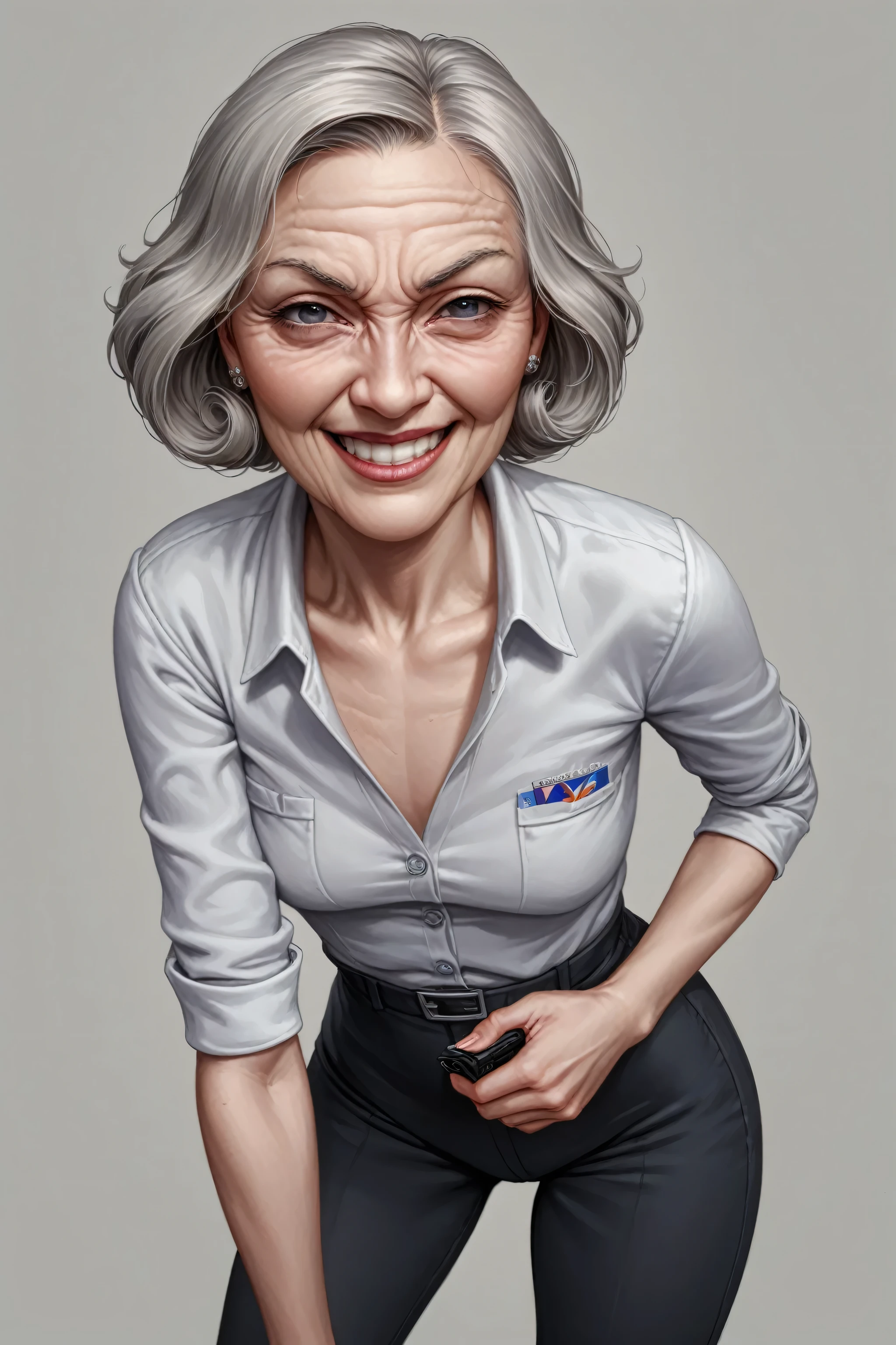 score_9, score_8_up, score_7_up,hyperrealistic shadow low light art cinematic film still view from underneath woman photography in the style of detailed hyperrealism photoshoot, Extremely high-resolution details, photographic, realism pushed to extreme, fine texture, incredibly, woman elderly wrinkles loving smile thinsized lips, small breasts gray background, short gray hair bob cut, bending over, painful expression gritted teeth