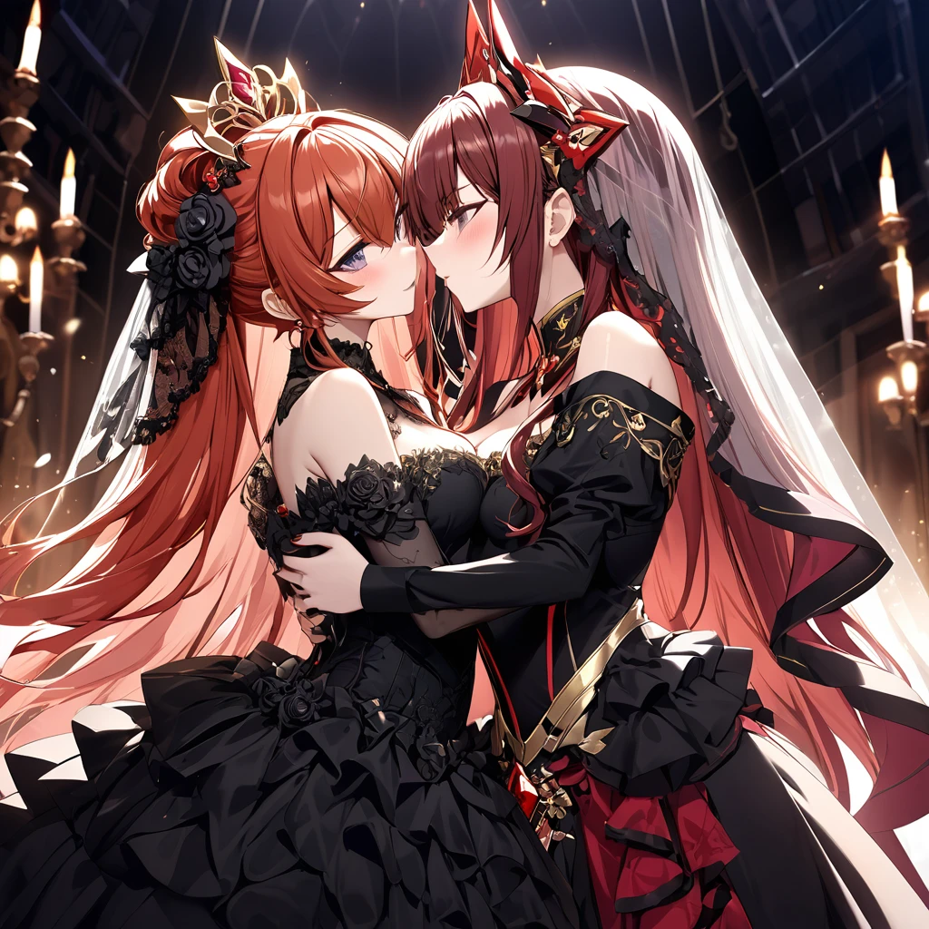 ((Highest quality)), ((masterpiece)), (detailed), (Perfect Face)、The woman is Maya Cordelia, the Demon Queen, with orange semi-long hair. She is wearing a luxurious black vintage wedding dress with gold embroidery and trim, along with a black wedding veil. She is also adorned with luxurious earrings and an engagement ring, completing her look with opulent accessories.、The woman, a devil, embraces the wicked demon king man, shares a vowing kiss, and holds a wedding ceremony.、The woman became the wife of the demon king, becoming the demon queen and becoming the demon king's companion for life.、The woman loves her husband, the great demon lord, with all her heart.、The man is a great devil, the demon king of the demons, and a monstrous figure.