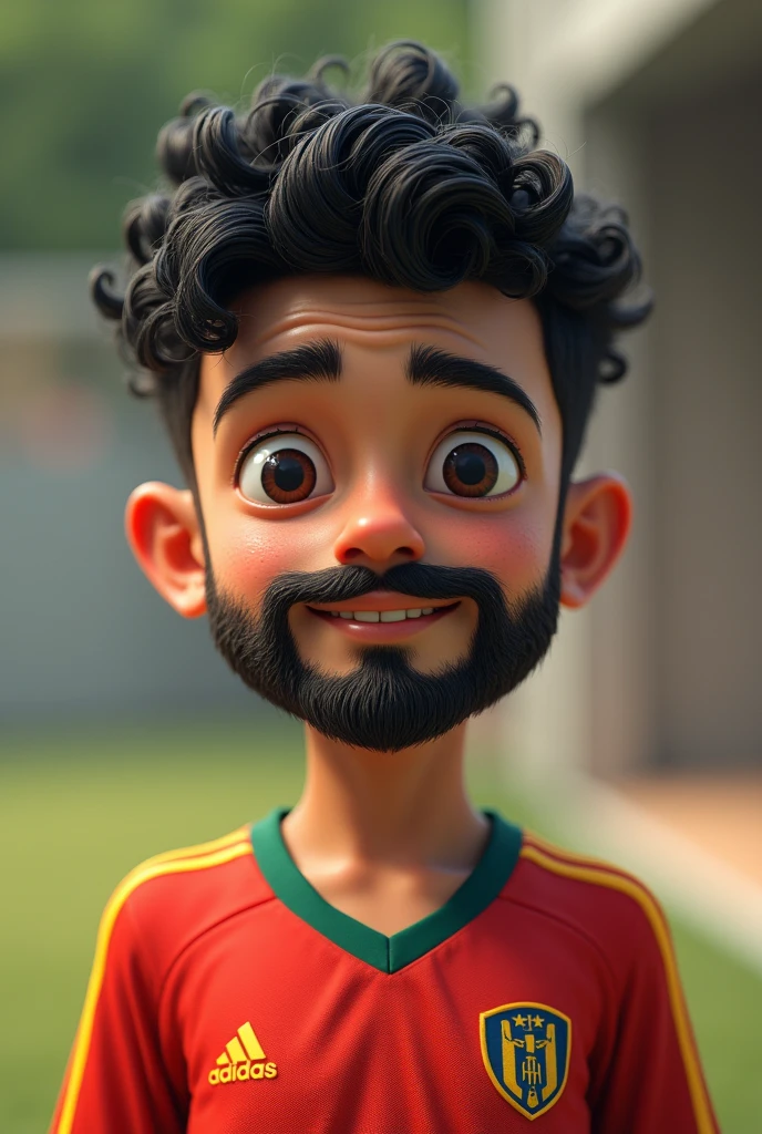 A boy with a mustache and a beard on his chin, short curly black hair, with full body soccer jersey 